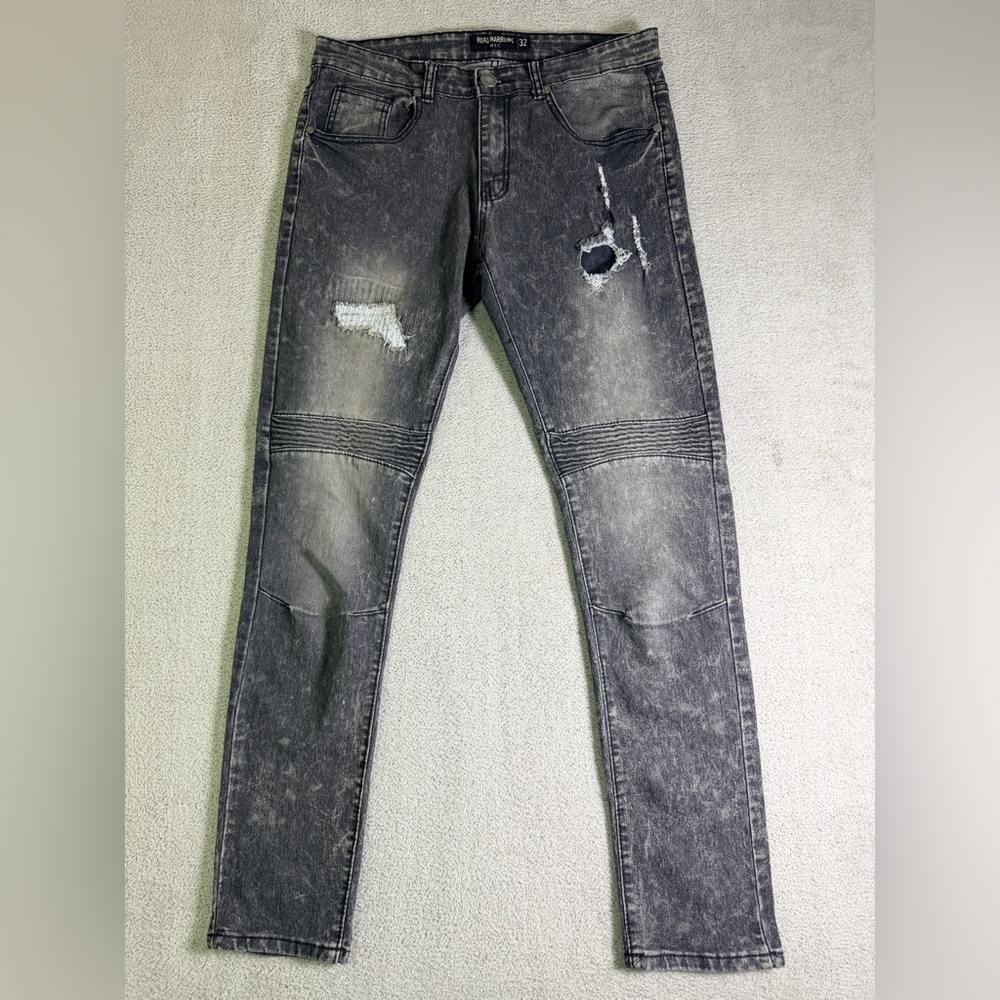 Road Narrows NYC Jeans Men’s 32x32 Black Distressed Denim Slim Straight Tapered
